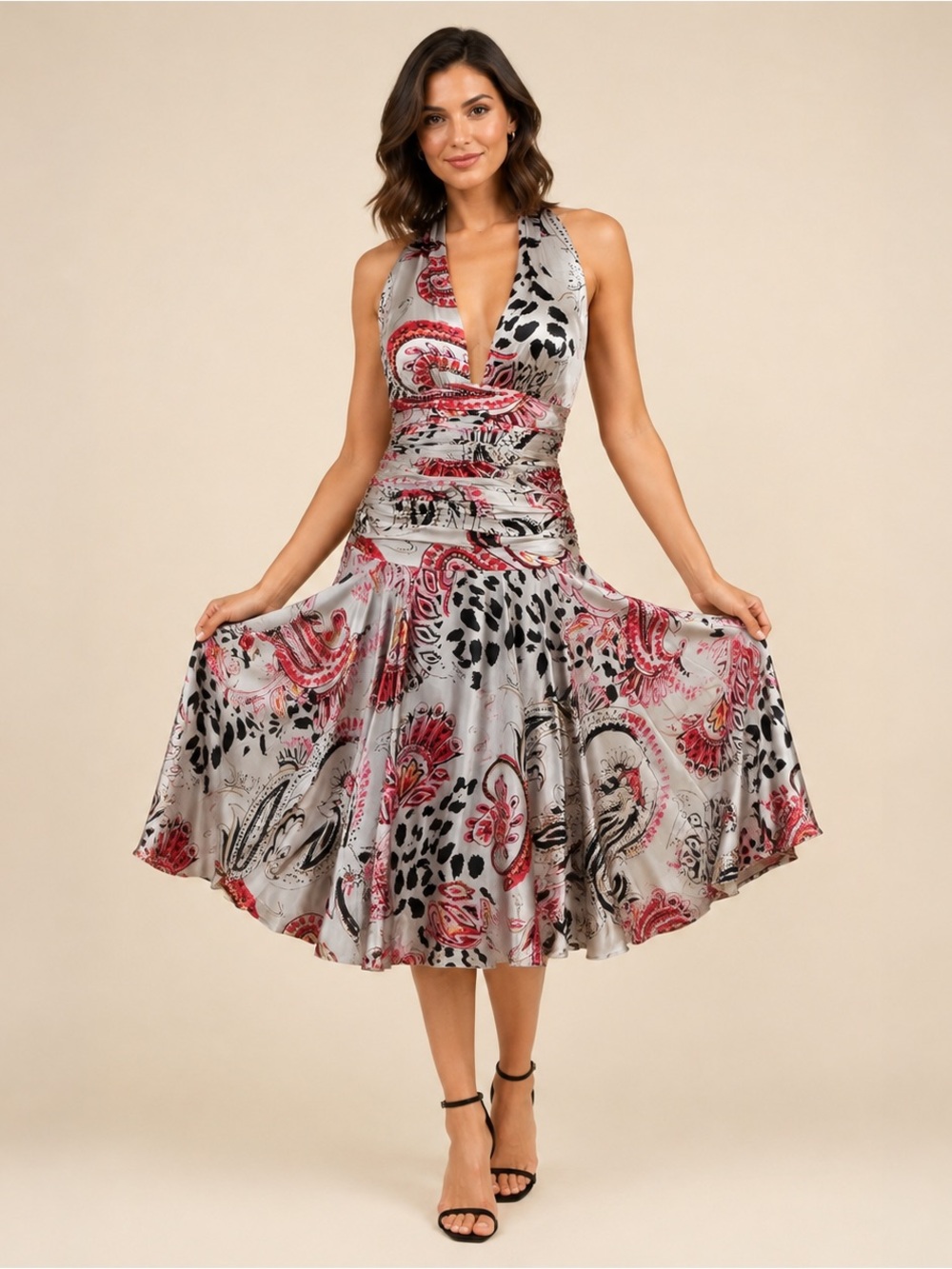 NWT Vintage Dina Bar-El 100% Silk Charmeuse Halter Midi Dress